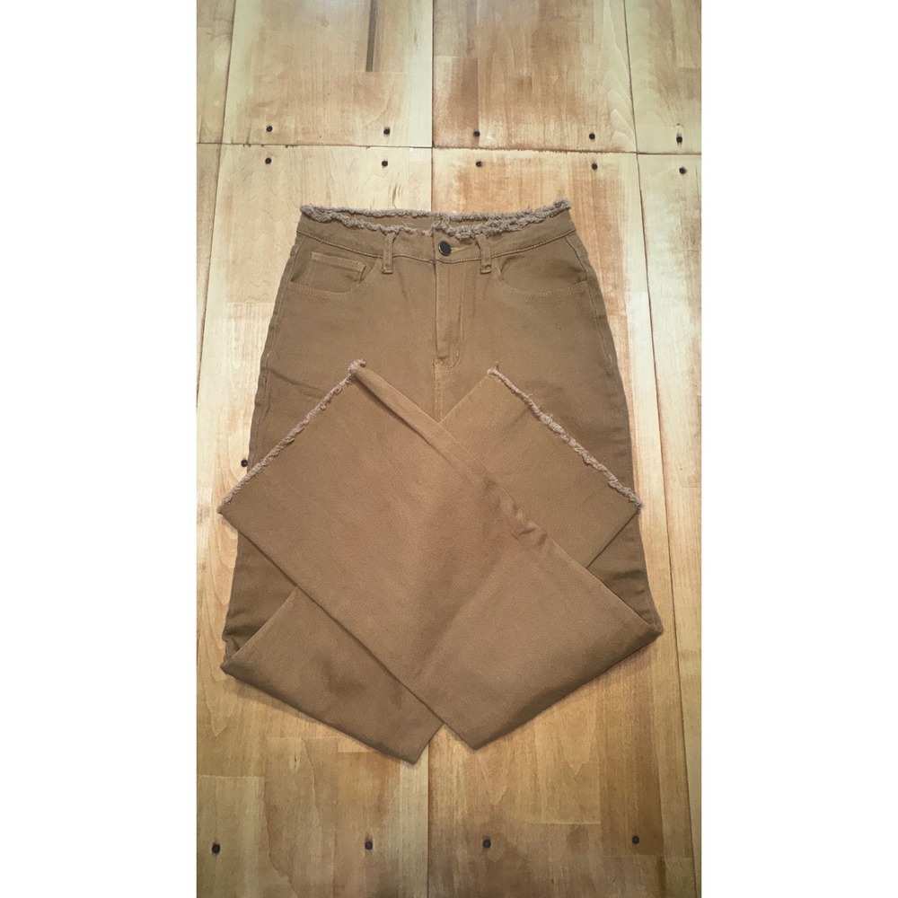 High Rise Wide Leg Flare Jeans Camel Brown Frayed‎ Raw Hem Denim Pants 28 Waist - Picture 2 of 6